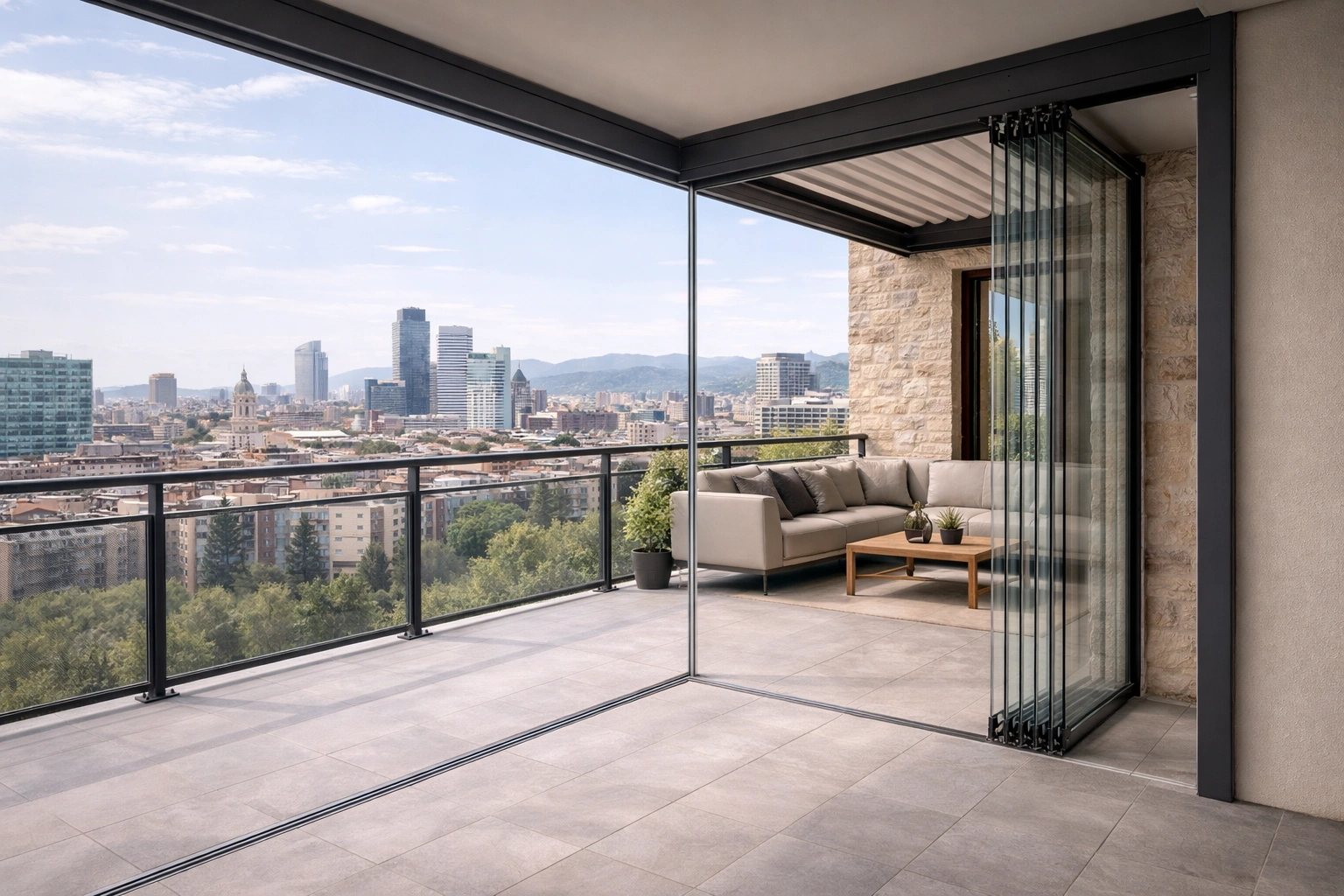 Vetrata panoramica su balcone o pergola, vista ampia